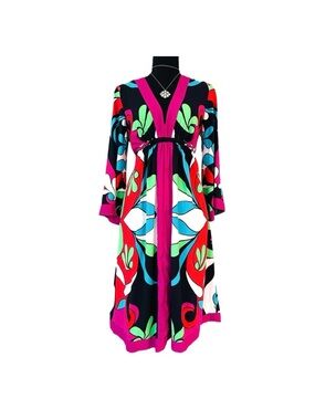 #42 NICOLE MILLER ~ Colorful Abstract 3/4 Sleeve Midi Dress Fully Lined Deep V